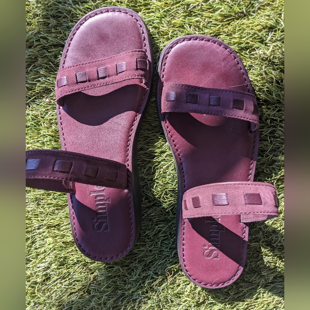 Simple - Jerusalem Double Band Flat Sandals Embellished | Size 7.5 | Burgundy